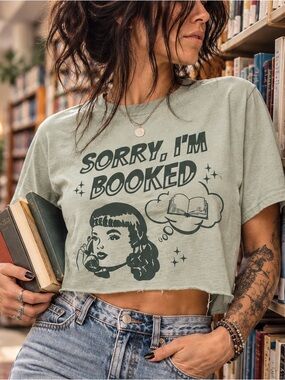 Bella+Canvas Sorry I’m Booked Graphic Tee Large Custom Raw Hem Crop Top